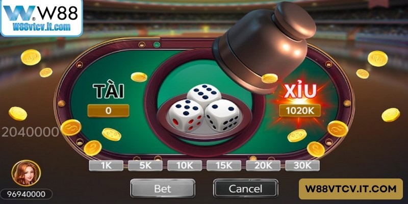Giao diện bàn cược Tài xỉu W88 với thiết kế sang trọng và hiện đại